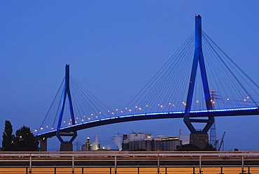 Blue illumination, Koehlbrandbruecke bridge on the Suederelbe river in the port of Hamburg at the Cruise Days 2010, Wilhelmsburg district, Hamburg, Germany, Europe