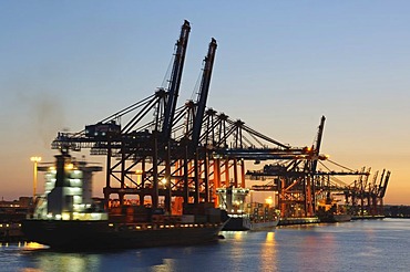 Eurokai container terminal in the port of Hamburg at sunset, Hamburg, Germany, Europe