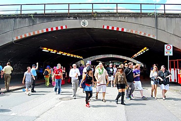 Loveparade 2010, visitors arrive at the event after crossing a tunnel, former freight depot site, Duisburg, Ruhr Area, North Rhine-Westfalia, Germany, Europe