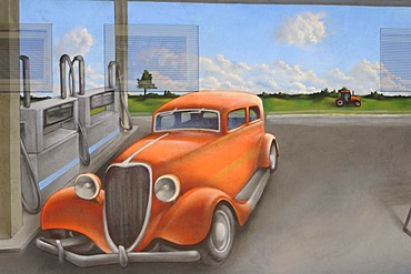 Mural painting showing a gas station