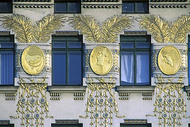 Art Nouveau house, built by O. Wagner, stucco by Kolo Moser, Wienzeile 38, 6. Bezirk 6th district, Vienna, Austria, Europe