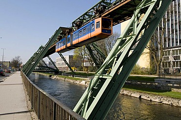 Schwebebahn, suspended monorail over the Wupper River, Wuppertal, Bergisches Land, North Rhine-Westphalia, Germany, Europe