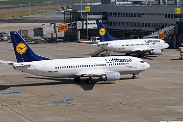 Airport, airfield, aircraft, Lufthansa airline, Boeing 737-300, D-ABEC, Duesseldorf, Rhineland, North Rhine-Westphalia, Germany, Europe