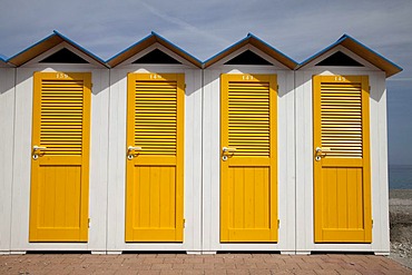 Changing cabins on the beach, Noli, Italian Riviera, Liguria, Italy, Europe