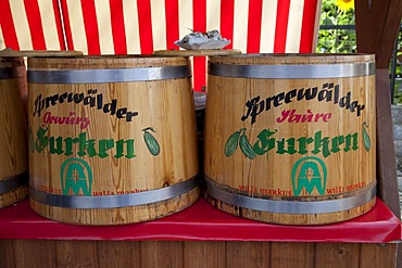 Market stall selling cucumbers, cucumber barrels, Luebbenau, Spreewald, Spree Forest, Brandenburg, Germany, Europe