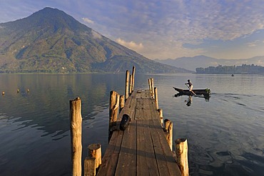 Dock, boat, Lake Atitlan, San Pedro volcano, fisherman, Guatemala, Central America