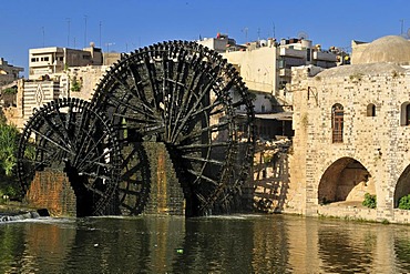 Noria waterwheel on the Orontes River and Nuri, Nouri Mosque in Hama, Syria, Middle East, West Asia