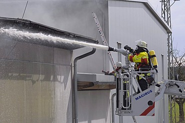 Large fire at the Puren Company, a plastic processing factory, large-scale operation of rescue services, Obermarchtal, Baden-Wuerttemberg, Germany, Europe