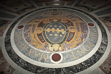 Coat of arms of pope Clement VIII Aldobrandini, in polychromatic marble, in front of the Cappella Clementina, Saint Peter's Basilica, Rome, Italy, Europe