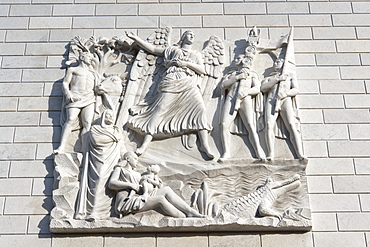 Bas-relief "L'Impero fascista", the fascist empire, by Quirino Ruggeri, 1941, on the northern blind head of the Palazzo dell'INA, with a Rome, Italy, Europe