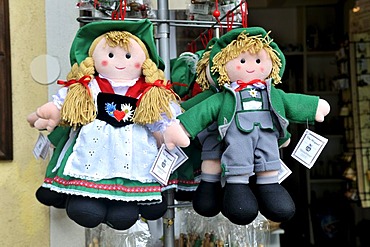 Dolls in a typical Austrian traditional costume, Hallstatt, Salzkammergut, Upper Austria, Austria, Europe