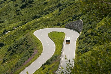 Furka Pass road and a mail bus, canton of Valais, Switzerland, Europe