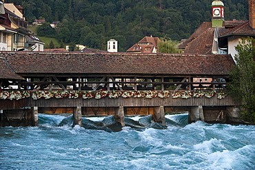 Wooden bridge across the Aare River in Thun, canton of Bern, Switzerland, Europe