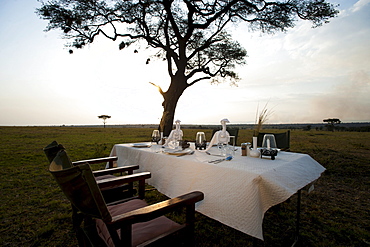 Elegant luxury camp, dinner table, Living under Canvas, Serengeti, Tanzania, Africa