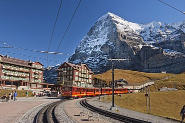 Mt Eiger from Kleine Scheidegg mountain pass and Jungfraubahn, Mt Jungfrau rail service, Top of Europe, Bernese Oberland, Canton Bern, Switzerland, Europe