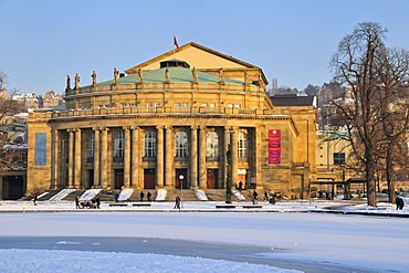 State Theatre, main theatre behind the frozen Eckensee Lake, Stuttgart, Baden-Wuerttemberg, Germany, Europe