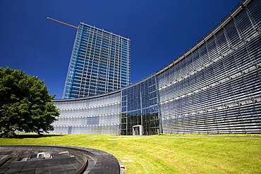 The gutted skyscraper of the Bayer AG company is being converted into a media facade with 3.5 million LED lamps, Leverkusen, North Rhine-Westphalia, Germany, Europe