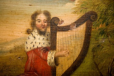 King David with the harp, painting on a psaltery, a table harp from Estonia, 17th century, Haus Kemnade castle and museum, Hattingen, North Rhine-Westphalia, Germany, Europe