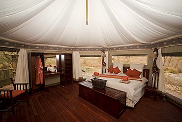 Interior view of a luxurious safari tent, Three Baobab Lodge, Savuti, Botswana, Africa