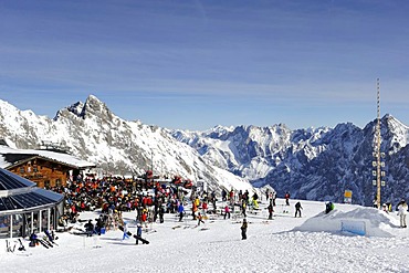 Restaurant Sonn Alpin on Mt. Zugspitze, Wettersteingebirge mountains, Werdenfels, Upper Bavaria, Bavaria, Germany, Europe