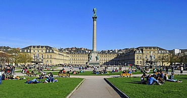 People gathered on Schlossplatz square, Jubilaeumssaeule column, Neues Schloss castle, Stuttgart, Baden-Wuerttemberg, Germany, Europe