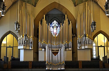 New Muehleisen pipe organ, indoor photo of Stiftskirche church in Stuttgart, landmark and the oldest Protestant church of Stuttgart, Baden-Wuerttemberg, Germany, Europe