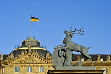 Heraldic animal deer by Anton von ISOPIS at the main entrance and courtyard, Schlossplatz square, Neues Schloss castle, Stuttgart, Baden-Wuerttemberg, Germany, Europe