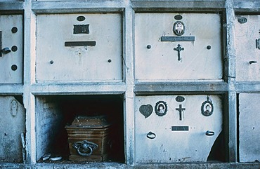 Open grave with casket, cemetery, Buenos Aires, Argentina, South America