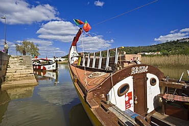 Historic fishing boats as tourist boats on the Rio Arade river, Silves, Algarve, Portugal, Europe