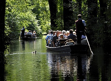 Boats with people in Spreewald region, Brandenburg, Germany, Europe