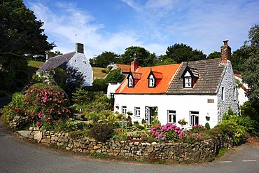 Typical Guernsey stone house with lots of floral decorations and lush gardens at Les Nicholls, Guernsey, Channel Islands, Europe