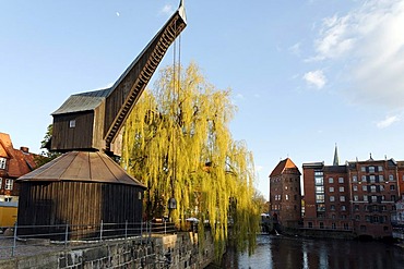 Old crane, historic salt port at the Ilmenau rive, old town, Lueneburg, Lower Saxony, Germany, Europe