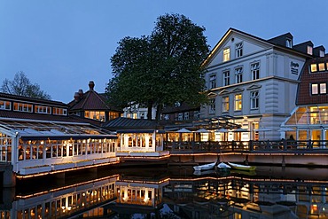 Bergstroem four-star hotel on the Illmenau river, night shot, old town, Lueneburg, Lower Saxony, Germany, Europe