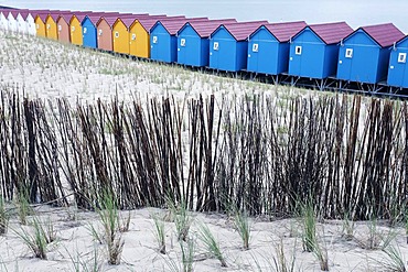 Fortified protective dune planted with beach grass, colorful beach huts, Vlissingen, Walcheren, Zeeland, Netherlands, Benelux, Europe