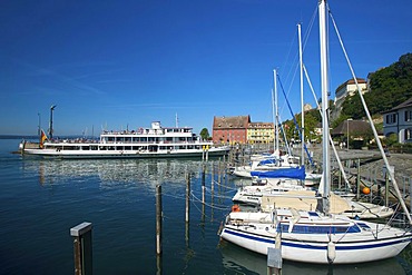 Cruise ship in the port of Meersburg, Lake Constance, Baden-Wuerttemberg, Germany, Europe