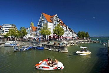 Pedal boats in the harbor of Friedrichshafen, Lake Constance, Baden-Wuerttemberg, Germany, Europe