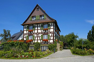 Half-timbered house on Reichenau island, Lake Constance, Baden-Wuerttemberg, Germany, Europe