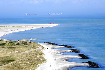 Headland where the North Sea and the Baltic Sea meet, container ships at back, Skagen, Jutland, Denmark, Europe