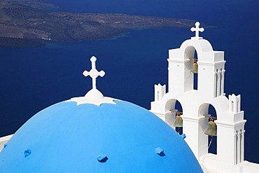 Church of Imerovigli with blue cupola high above the Aegean, Santorini, Cyclades, Greece, Europe