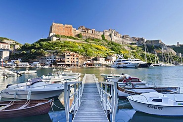 Port and citadel, Bonifacio, Strait of Bonifacio, Corsica, France, Europe