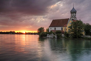 Baroque church of St. George in Wasserburg at sunset, Lake Constance, Bavaria, Germany, Europe