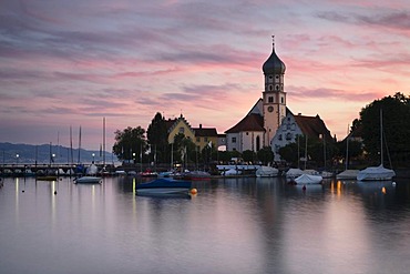 Church of St. George at sunset, Wasserburg, Lake Constance, Bavaria, Germany, Europe