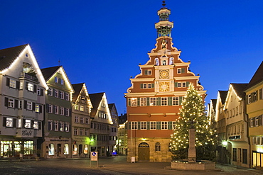 Old town hall with halft-timbered houses at Christmas time, Esslingen am Neckar, Baden-Wuerttemberg, Germany, Europe