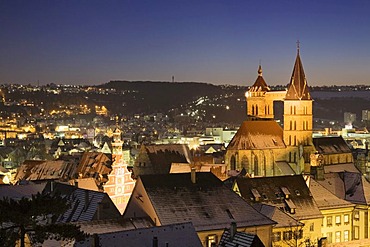 View of the historic district of Esslingen am Neckar with the St. Dionys city church and the historic town hall, Baden-Wuerttemberg, Germany, Europe