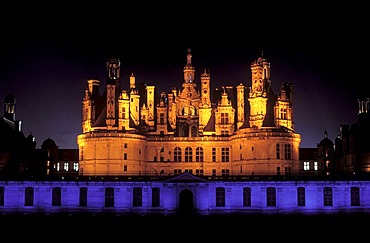 Illumination at night, "Son et lumiere", Chateau de Chambord Castle, Loire Valley, Indre-et-Loire, Centre, France, Europe