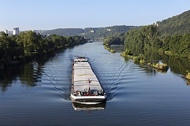 Cargo boat on the Main river, Karlstadt, Main-Franconia region, Lower Franconia, Franconia, Bavaria, Germany, Europe