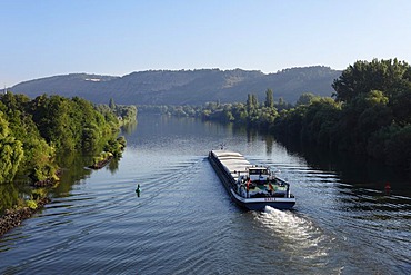 Cargo boat on the Main river, Karlstadt, Main-Franconia region, Lower Franconia, Franconia, Bavaria, Germany, Europe