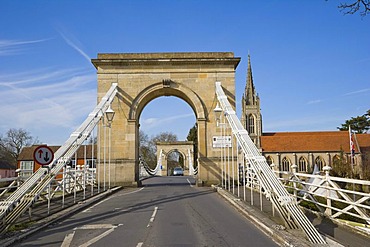 Marlow Suspension Bridge and All Saints Church by Thames river, Marlow, Buckinghamshire, England, United Kingdom, Europe