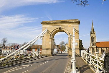 Marlow Suspension Bridge and All Saints Church by Thames river, Marlow, Buckinghamshire, England, United Kingdom, Europe