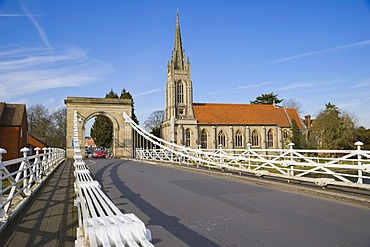 Marlow Suspension Bridge and All Saints Church by Thames river, Marlow, Buckinghamshire, England, United Kingdom, Europe